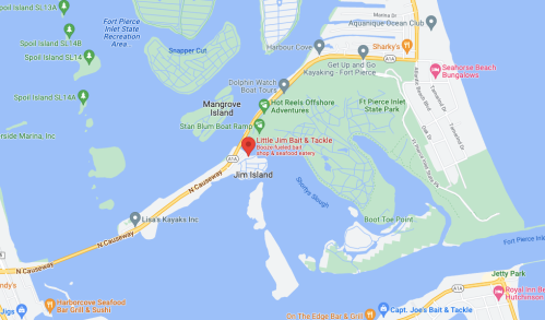 Map showing Jim Island, nearby attractions, and locations like Little Jim Bait & Tackle and Boot Toe Point.