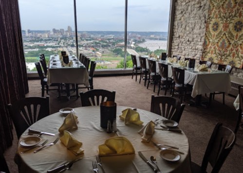Elegant dining room with round tables set for a meal, large windows showcasing a city view in the background.