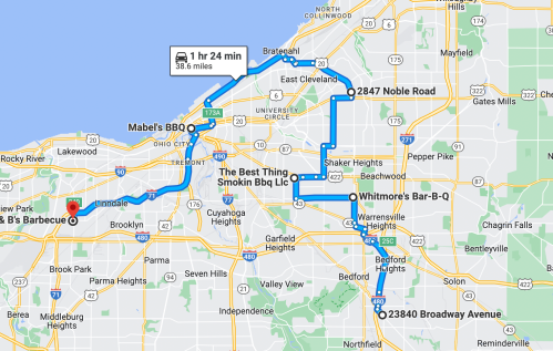 Map showing a route for a barbecue tour with stops at various BBQ restaurants in the Cleveland area.