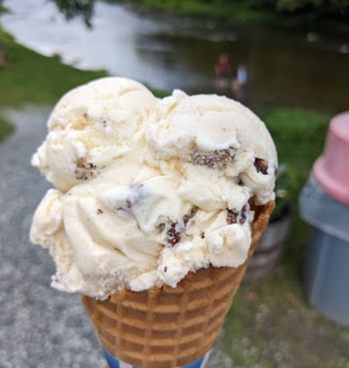 A close-up of a waffle cone filled with creamy vanilla ice cream with chocolate chunks, set against a scenic outdoor background.