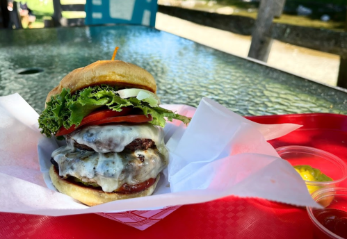 A juicy double cheeseburger with lettuce, tomato, and pickles, served on a red tray with a side of mustard.
