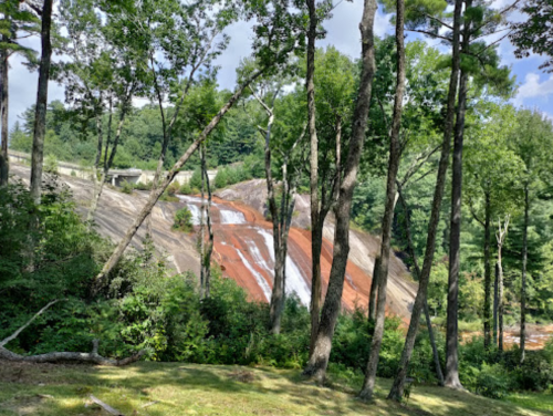 A scenic view of a waterfall cascading down a rocky surface, surrounded by lush green trees and foliage.