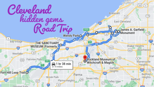 Map of a Cleveland road trip highlighting hidden gems, including museums and parks, with a route and travel time.
