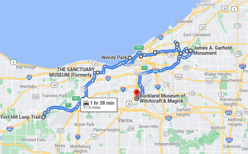 Map showing a route from Fort Hill Loop Trail to The Sanctuary Museum, passing through various landmarks in Ohio.