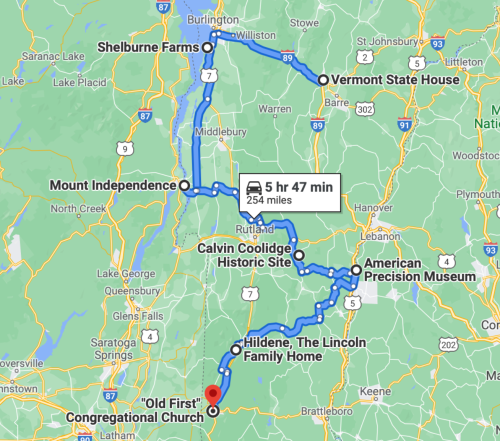 Map showing a route through Vermont, highlighting various historical sites and landmarks with travel time and distance.