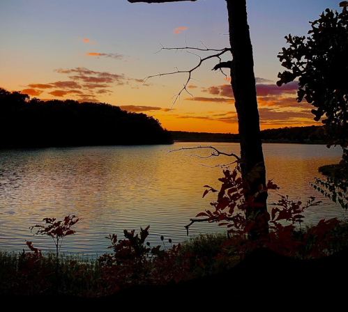 A serene lake at sunset, with vibrant colors reflecting on the water and silhouetted trees in the foreground.