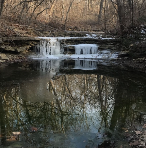 A serene scene of a small waterfall with ice, reflecting trees in a calm pool of water.