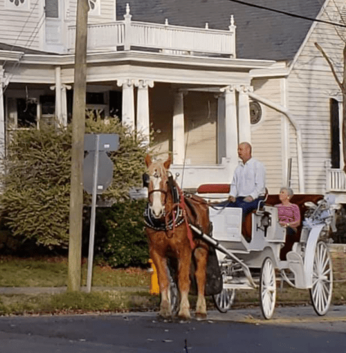 A horse-drawn carriage with a driver and a child sits in front of a house on a quiet street.