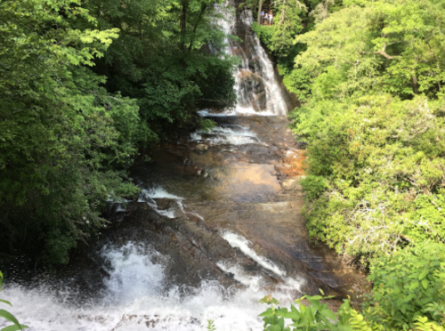 A serene waterfall cascading down rocky terrain, surrounded by lush green foliage and trees.