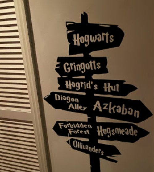 Signpost with directional arrows pointing to various locations from the Harry Potter series, like Hogwarts and Hogsmeade.