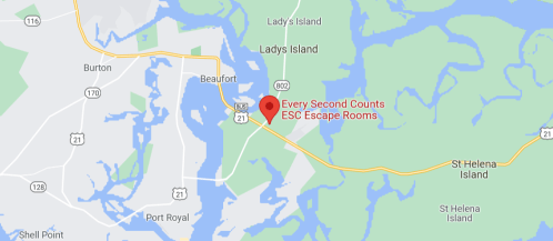 Map showing the location of "Every Second Counts ESC Escape Rooms" near Beaufort, South Carolina, on Lady's Island.