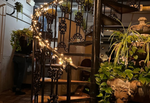 A spiral staircase adorned with plants and fairy lights, leading to a cozy, warmly lit space.