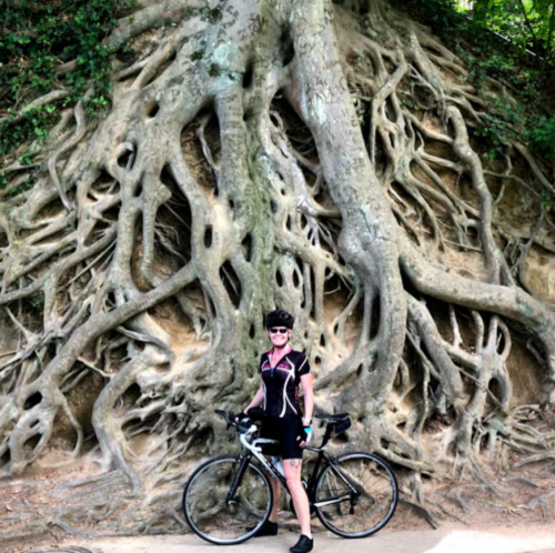 A cyclist stands beside a large tree with intricate, exposed roots, showcasing nature's beauty and strength.