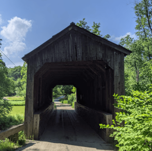 A rustic covered bridge surrounded by lush greenery and blue skies, leading into a serene landscape.