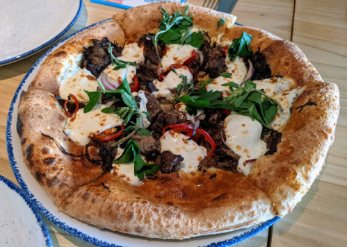 A freshly baked pizza topped with cheese, herbs, sliced peppers, and tender meat on a golden crust.