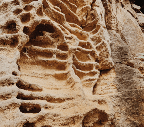 Textured rock surface with layered grooves and small holes, showcasing natural erosion patterns.