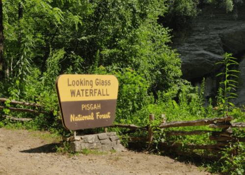 Sign for Looking Glass Waterfall in Pisgah National Forest, surrounded by lush greenery and a rustic wooden fence.