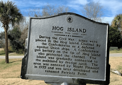 Historical marker about Hog Island, detailing its Civil War significance and connection to the mainland.