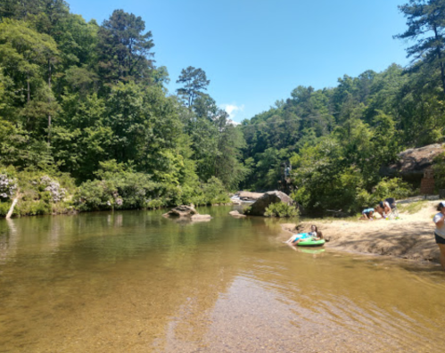 A serene river scene surrounded by lush green trees, with people enjoying the water and sandy beach.