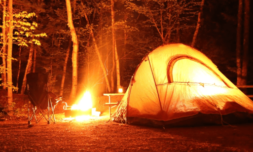 A glowing tent beside a campfire in a dark forest, surrounded by trees.