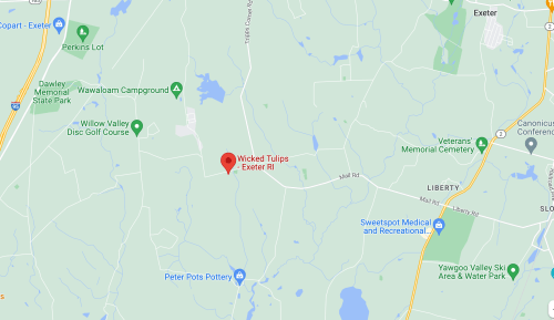 Map showing the location of Wicked Tulips in Exeter, Rhode Island, near parks and recreational areas.