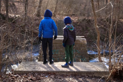 Two children stand on a stone platform by a creek, surrounded by bare trees and winter foliage.