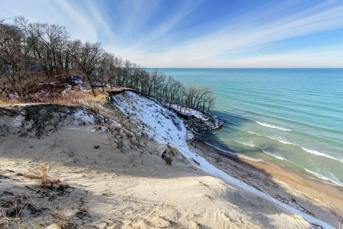 A serene lakeside view with sandy dunes, trees, and calm blue waters under a bright sky.