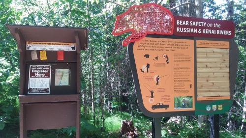 Signage about bear safety near the Russian and Kenai Rivers, with a registration box and educational information.