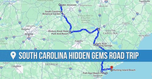 Map highlighting a road trip route through South Carolina's hidden gems, including parks and beaches.