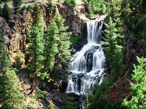 A cascading waterfall surrounded by lush green trees and rocky cliffs in a serene natural setting.