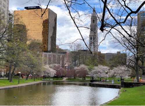 A serene park scene with a pond, blooming trees, and city buildings in the background under a partly cloudy sky.