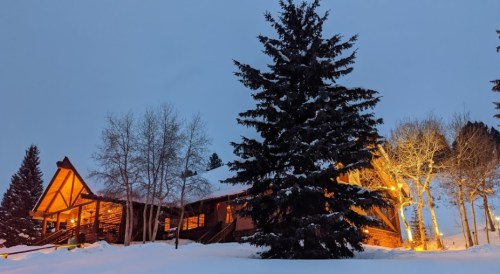 A cozy log cabin illuminated at dusk, surrounded by snow and tall evergreen trees.