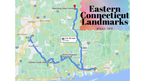 Map of a road trip route through Eastern Connecticut, highlighting landmarks like Natchaug State Forest and Gillette Castle.
