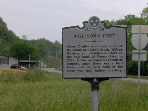 Historical marker for Whitson's Fort, detailing its significance as a frontier outpost in 1783 near Pigeon River.