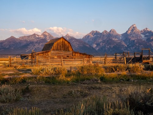 A rustic barn surrounded by tall grass, with majestic mountains in the background under a golden sunset.