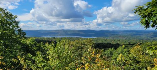 A scenic view of rolling hills and a lake under a blue sky with fluffy clouds, surrounded by lush greenery.
