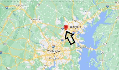 Map showing Baltimore, Maryland, highlighted with an arrow, near Washington, D.C. and surrounding areas.