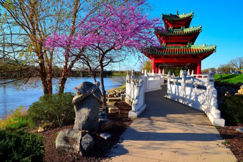 A serene park scene featuring a red pagoda, blooming pink trees, and a stone bridge by a river.