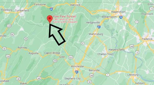 Map showing the location of Paw Paw Tunnel, a 19th-century canal tunnel with a towpath, in West Virginia.