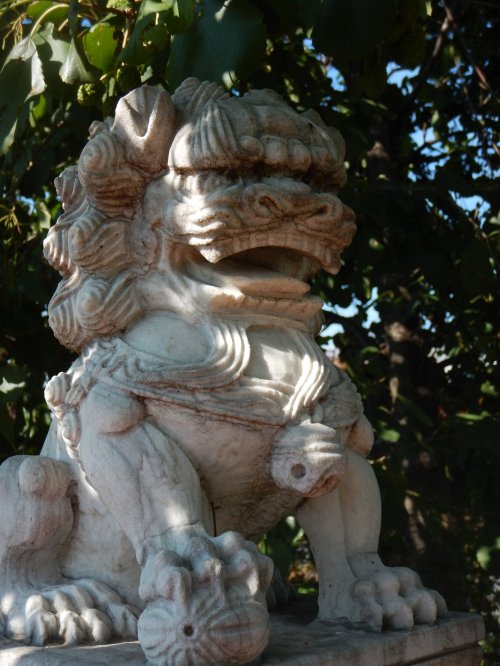 A stone lion statue with intricate details, sitting amidst green foliage under bright sunlight.