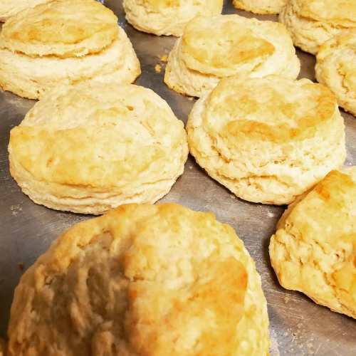 A close-up of freshly baked, golden-brown biscuits arranged on a baking sheet.