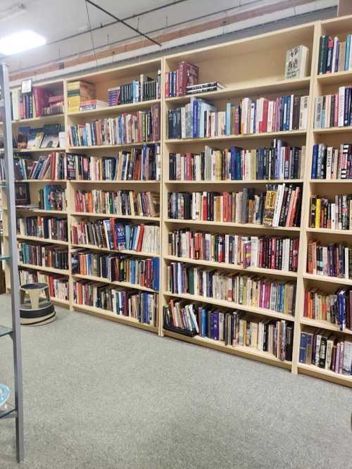 A cozy bookstore with tall shelves filled with a variety of books in different genres.