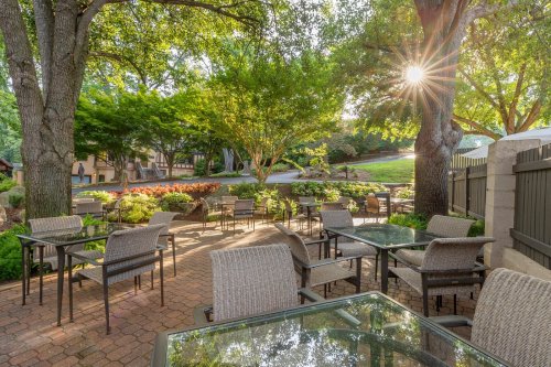 A serene outdoor patio with tables and chairs, surrounded by lush greenery and sunlight filtering through trees.