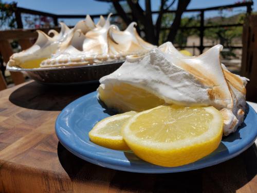 A slice of lemon meringue pie on a blue plate, with fresh lemon slices beside it, set outdoors with a sunny background.