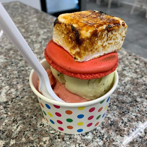 A colorful ice cream cup with green and pink scoops, topped with a red macaron and a toasted marshmallow.