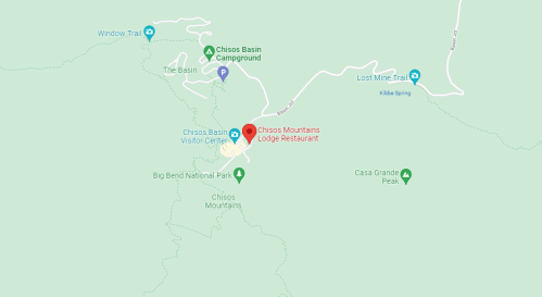 Map showing Chisos Basin area in Big Bend National Park, highlighting the Lodge Restaurant and nearby trails.