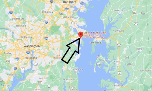 Map showing the location of Chick & Ruth's Deli in Annapolis, Maryland, with an arrow pointing to it.