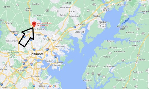 Map showing the location of the Maryland State Fairgrounds, marked with a red pin and an arrow pointing to it.