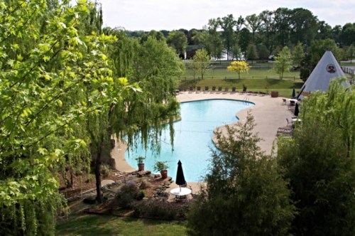 A serene outdoor pool surrounded by lush greenery and trees, with lounge chairs and a shaded umbrella nearby.