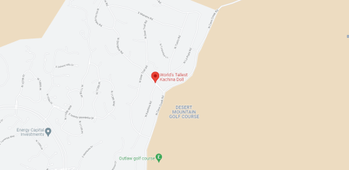 Map showing the location of the World's Tallest Kachina Doll near Desert Mountain Golf Course.